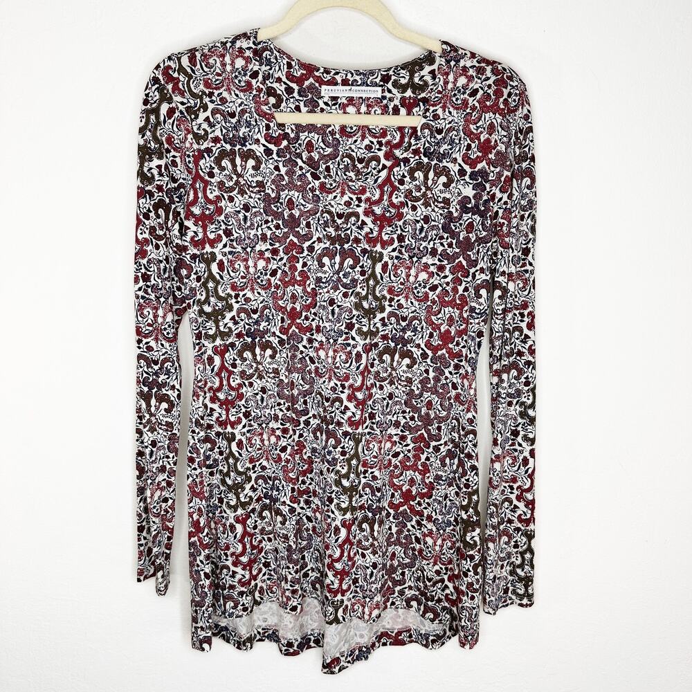 Peruvian Connection Pima Cotton Blend Paisley Floral Long Sleeve Tunic Top Small